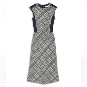 NWOT Tory Burch Navy Grey Tweed Wool Alpaca Midi Sleeveless Dress size 10